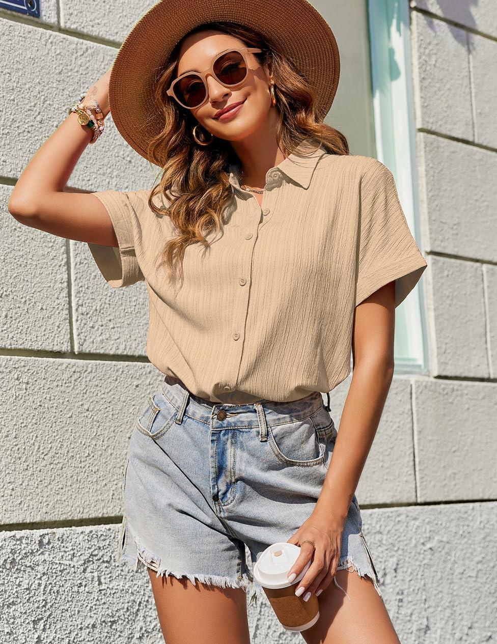 imageZeagoo Womens Button Down Shirts Casual Short Sleeve Dress Shirt Textured Collared Summer Clothes Work BlouseChampagne