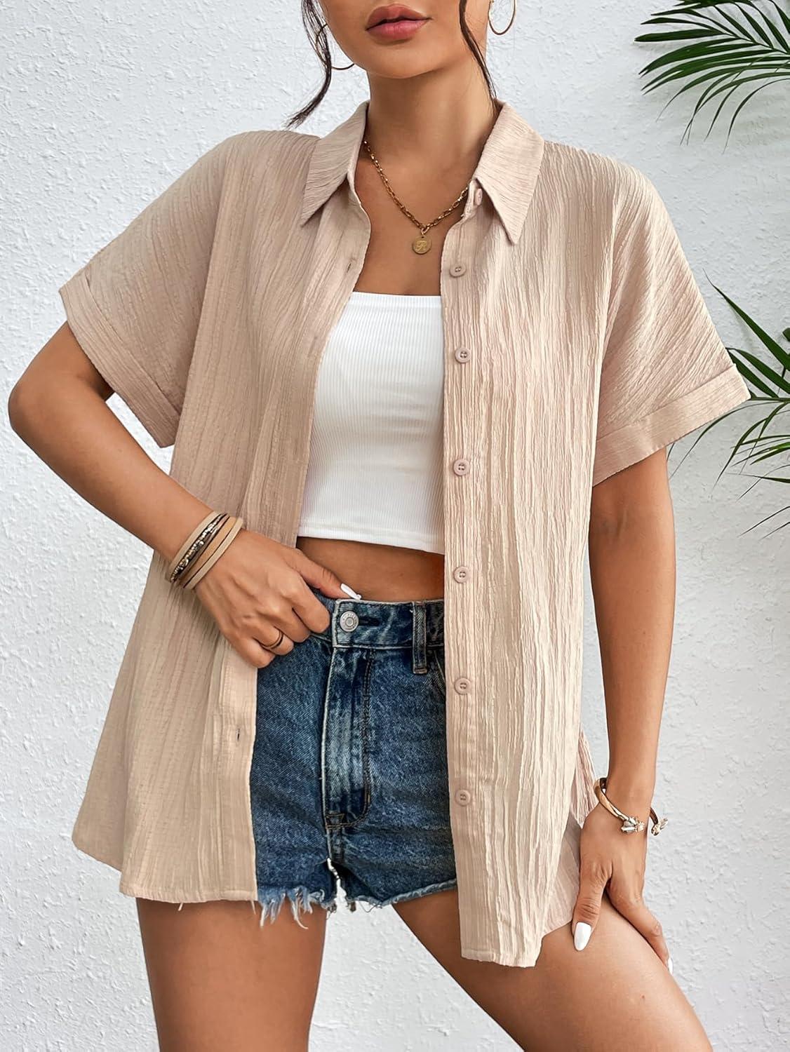 imageZeagoo Womens Button Down Shirts Casual Short Sleeve Dress Shirt Textured Collared Summer Clothes Work BlouseChampagne