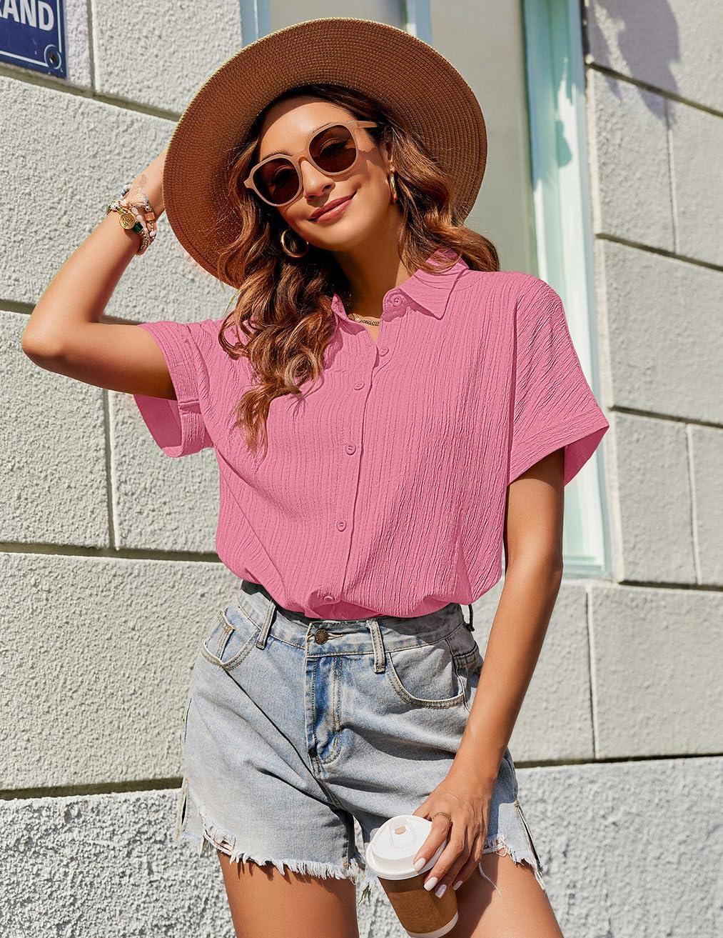 imageZeagoo Womens Button Down Shirts Casual Short Sleeve Dress Shirt Textured Collared Summer Clothes Work BlouseCoral