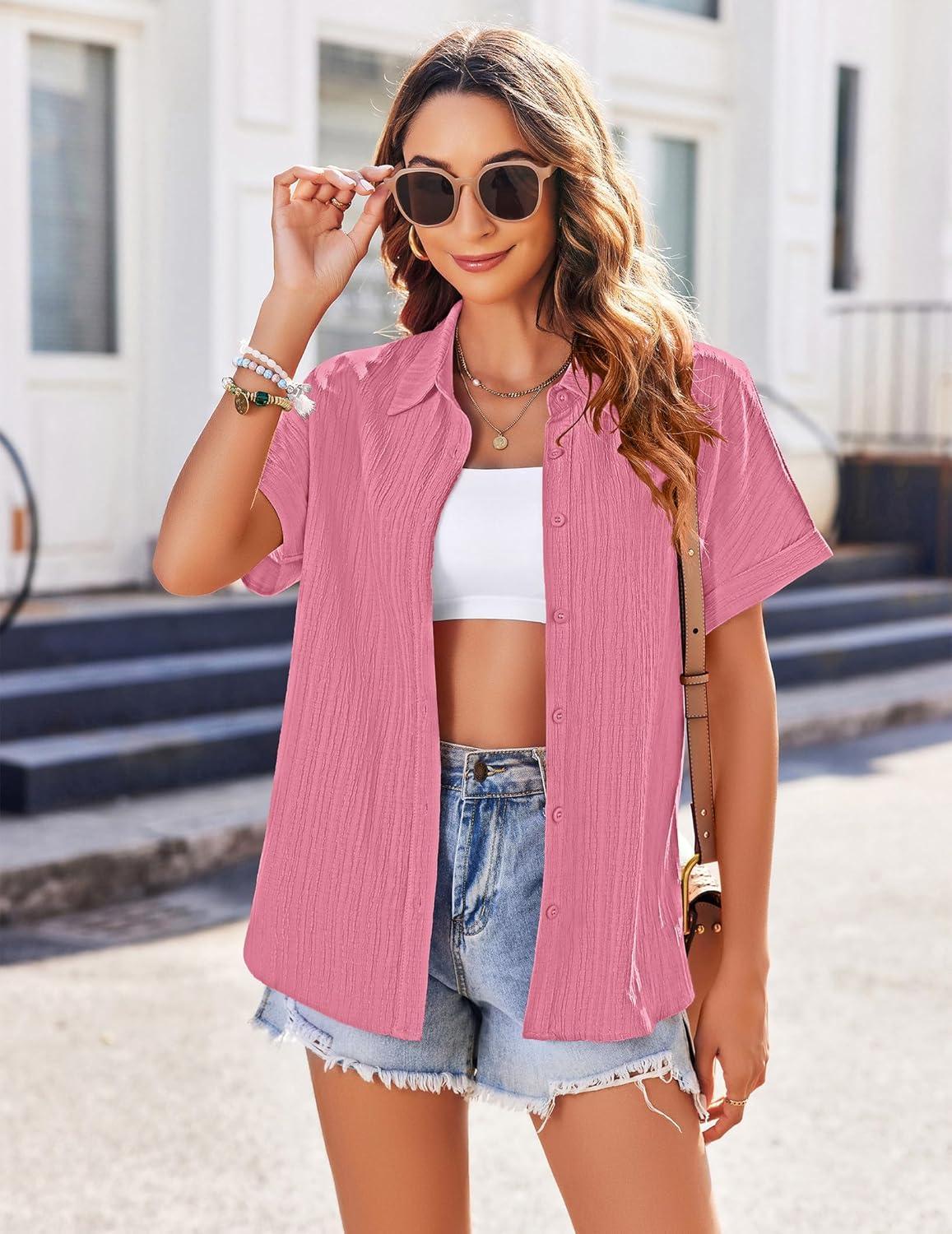 imageZeagoo Womens Button Down Shirts Casual Short Sleeve Dress Shirt Textured Collared Summer Clothes Work BlouseCoral
