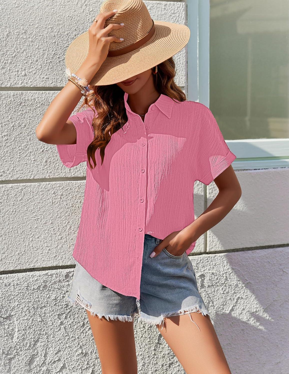 imageZeagoo Womens Button Down Shirts Casual Short Sleeve Dress Shirt Textured Collared Summer Clothes Work BlouseCoral