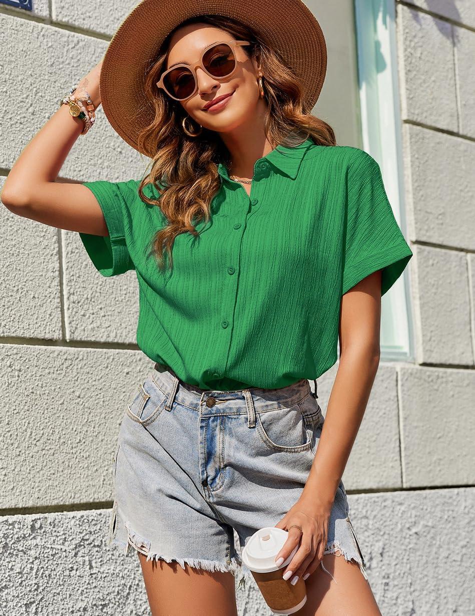 imageZeagoo Womens Button Down Shirts Casual Short Sleeve Dress Shirt Textured Collared Summer Clothes Work BlouseEvergreen