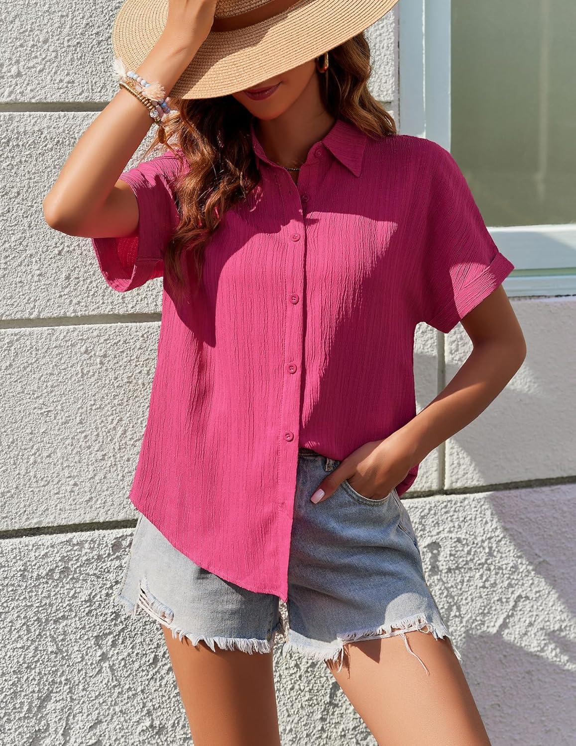 imageZeagoo Womens Button Down Shirts Casual Short Sleeve Dress Shirt Textured Collared Summer Clothes Work BlouseHot Pink