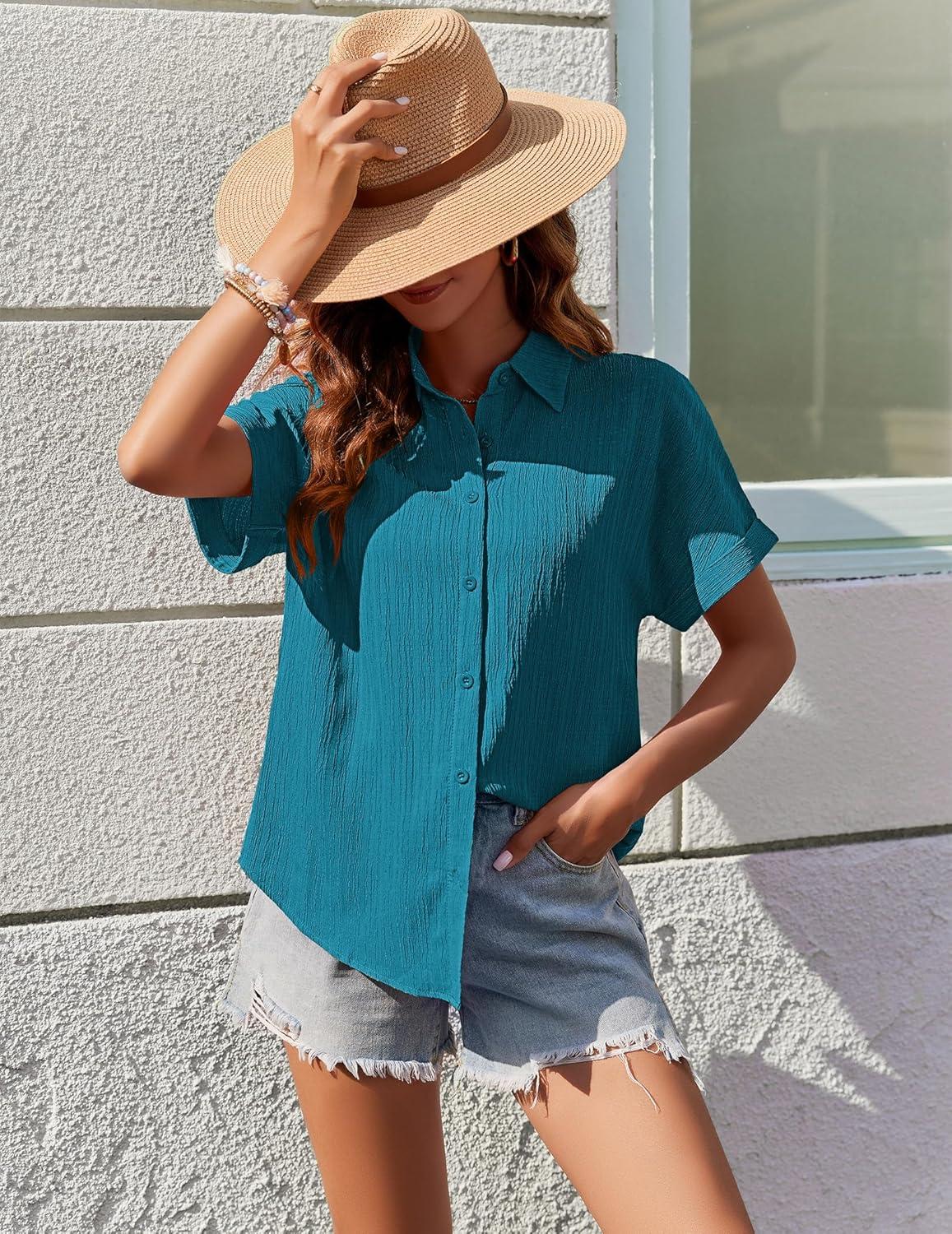 imageZeagoo Womens Button Down Shirts Casual Short Sleeve Dress Shirt Textured Collared Summer Clothes Work BlouseLake Blue
