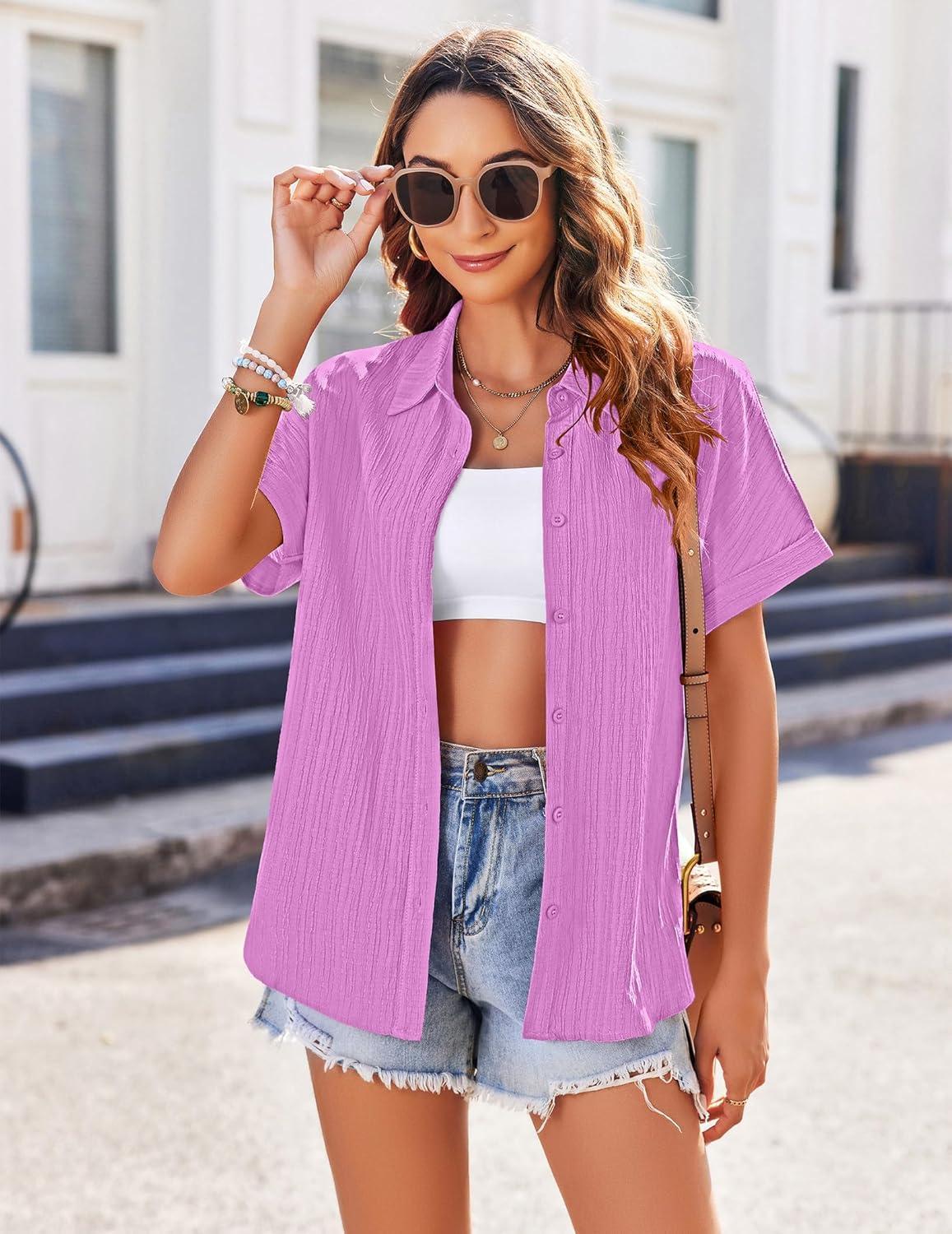 imageZeagoo Womens Button Down Shirts Casual Short Sleeve Dress Shirt Textured Collared Summer Clothes Work BlouseLavender