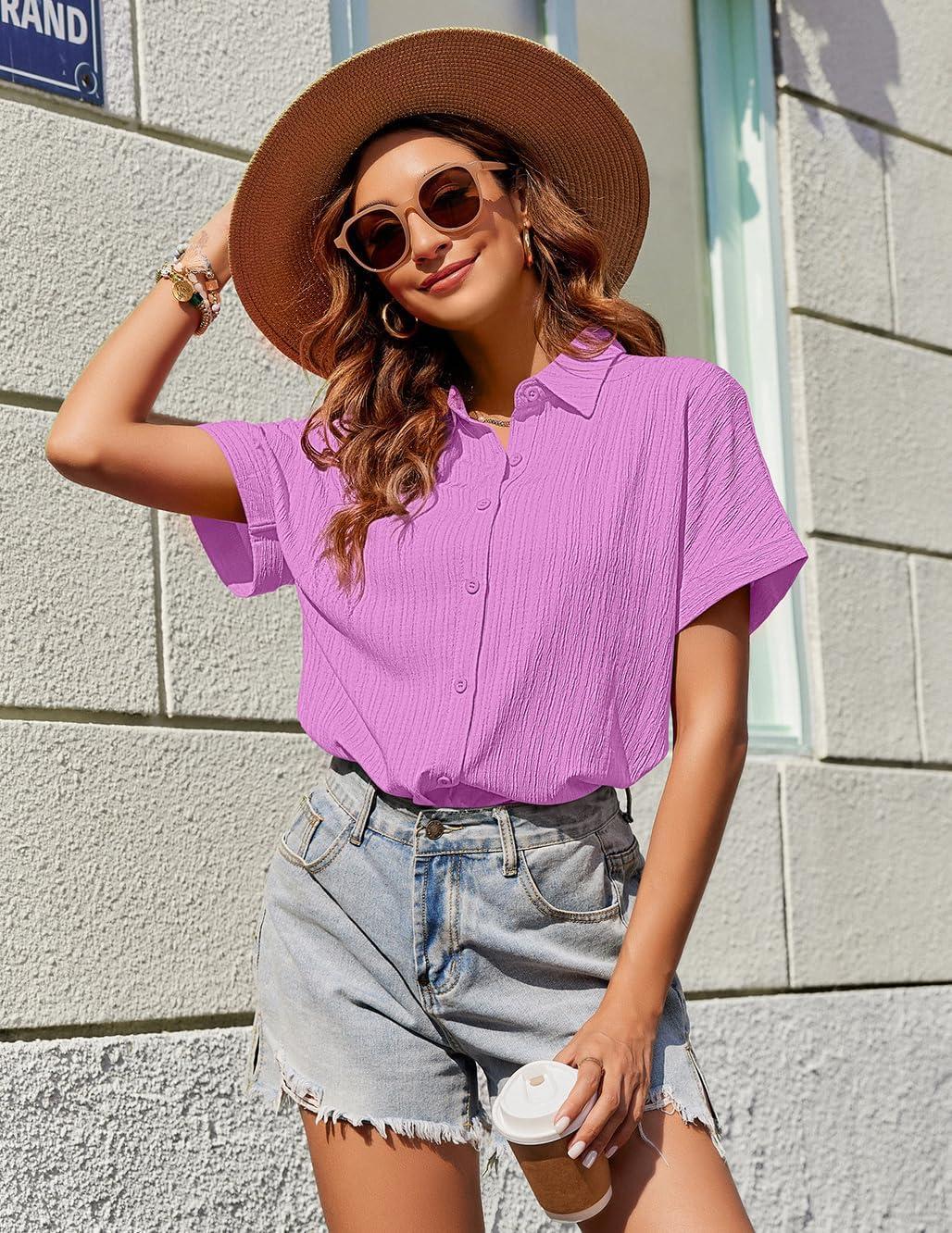 imageZeagoo Womens Button Down Shirts Casual Short Sleeve Dress Shirt Textured Collared Summer Clothes Work BlouseLavender