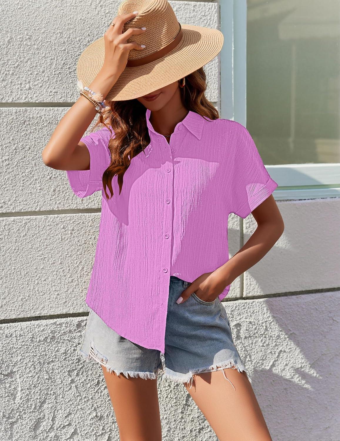 imageZeagoo Womens Button Down Shirts Casual Short Sleeve Dress Shirt Textured Collared Summer Clothes Work BlouseLavender