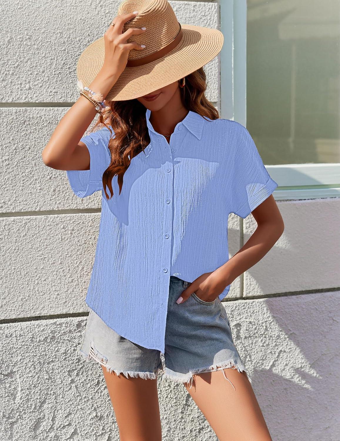 imageZeagoo Womens Button Down Shirts Casual Short Sleeve Dress Shirt Textured Collared Summer Clothes Work BlouseLight Blue
