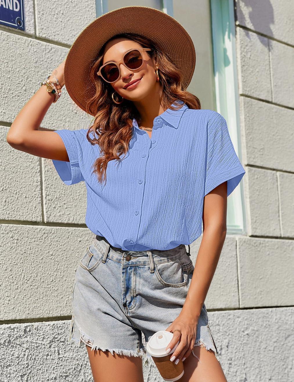 imageZeagoo Womens Button Down Shirts Casual Short Sleeve Dress Shirt Textured Collared Summer Clothes Work BlouseLight Blue