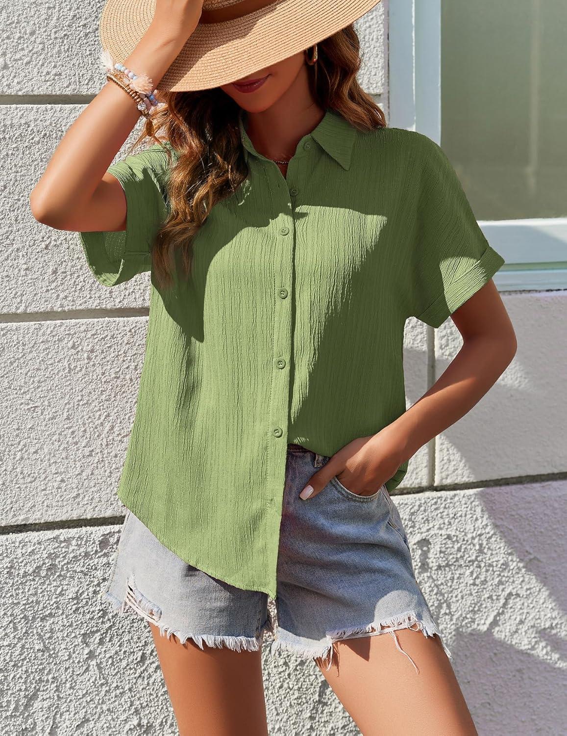 imageZeagoo Womens Button Down Shirts Casual Short Sleeve Dress Shirt Textured Collared Summer Clothes Work BlouseLight Green