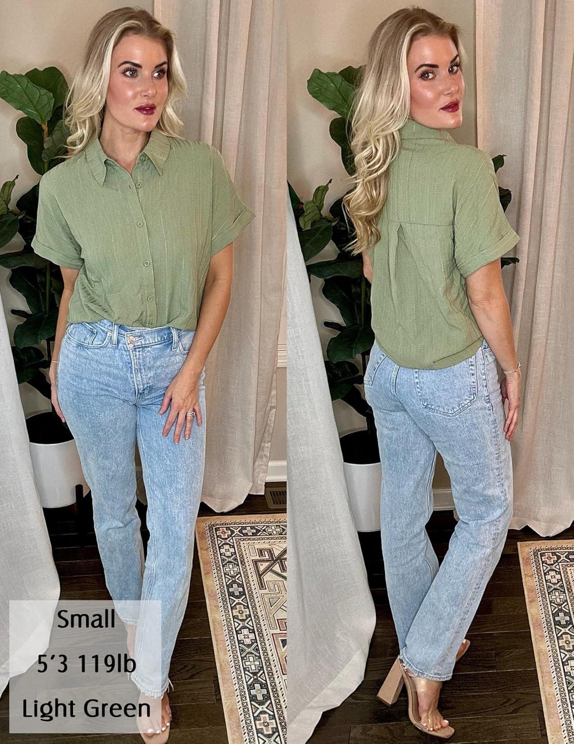 imageZeagoo Womens Button Down Shirts Casual Short Sleeve Dress Shirt Textured Collared Summer Clothes Work BlouseLight Green