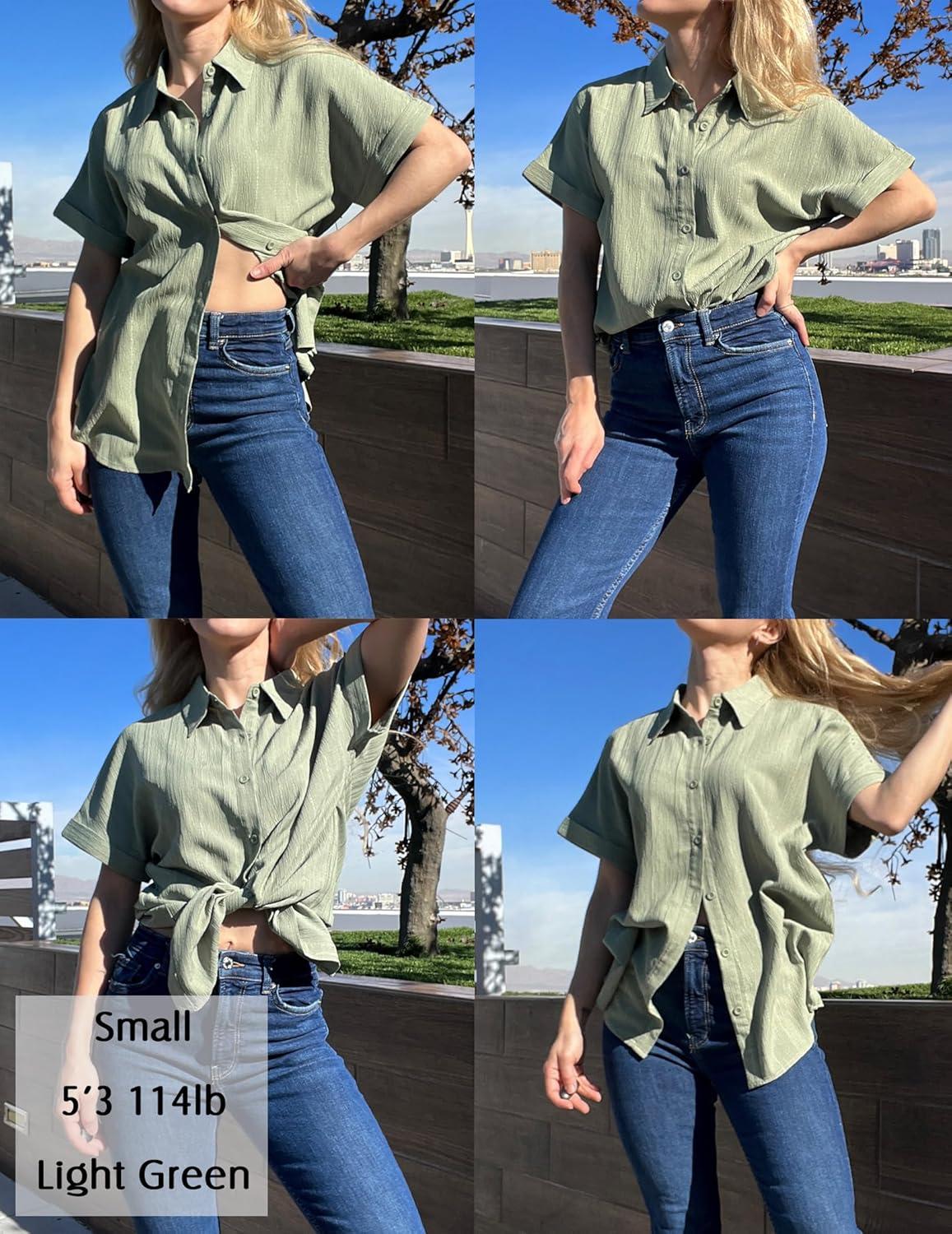 imageZeagoo Womens Button Down Shirts Casual Short Sleeve Dress Shirt Textured Collared Summer Clothes Work BlouseLight Green