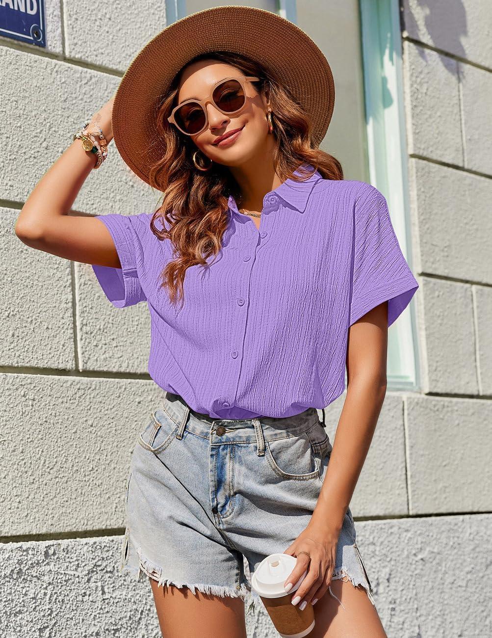 imageZeagoo Womens Button Down Shirts Casual Short Sleeve Dress Shirt Textured Collared Summer Clothes Work BlouseLight Purple