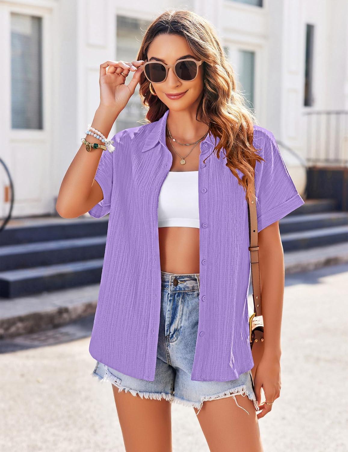 imageZeagoo Womens Button Down Shirts Casual Short Sleeve Dress Shirt Textured Collared Summer Clothes Work BlouseLight Purple