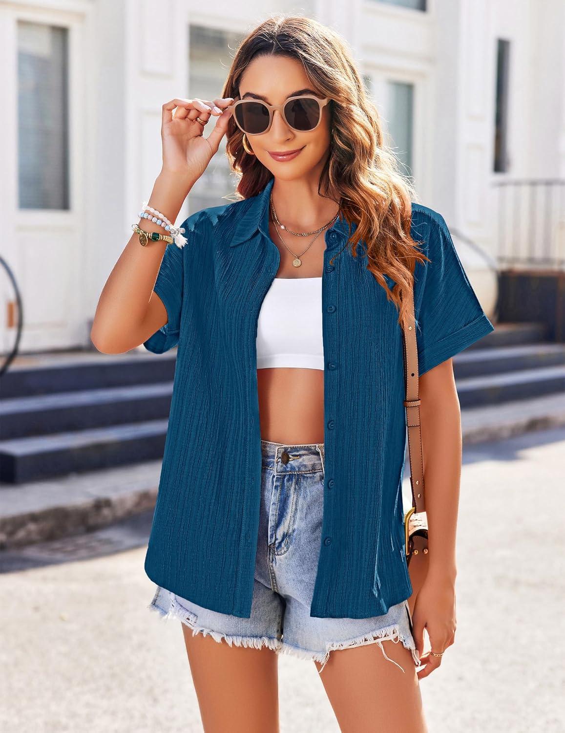 imageZeagoo Womens Button Down Shirts Casual Short Sleeve Dress Shirt Textured Collared Summer Clothes Work BlousePeacock Blue