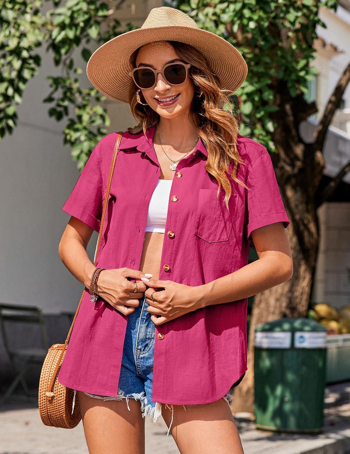 imageZeagoo Womens Button Down Shirts Color Block Short Sleeve Cotton Linen Summer Causal Blouses TopsHot Pink