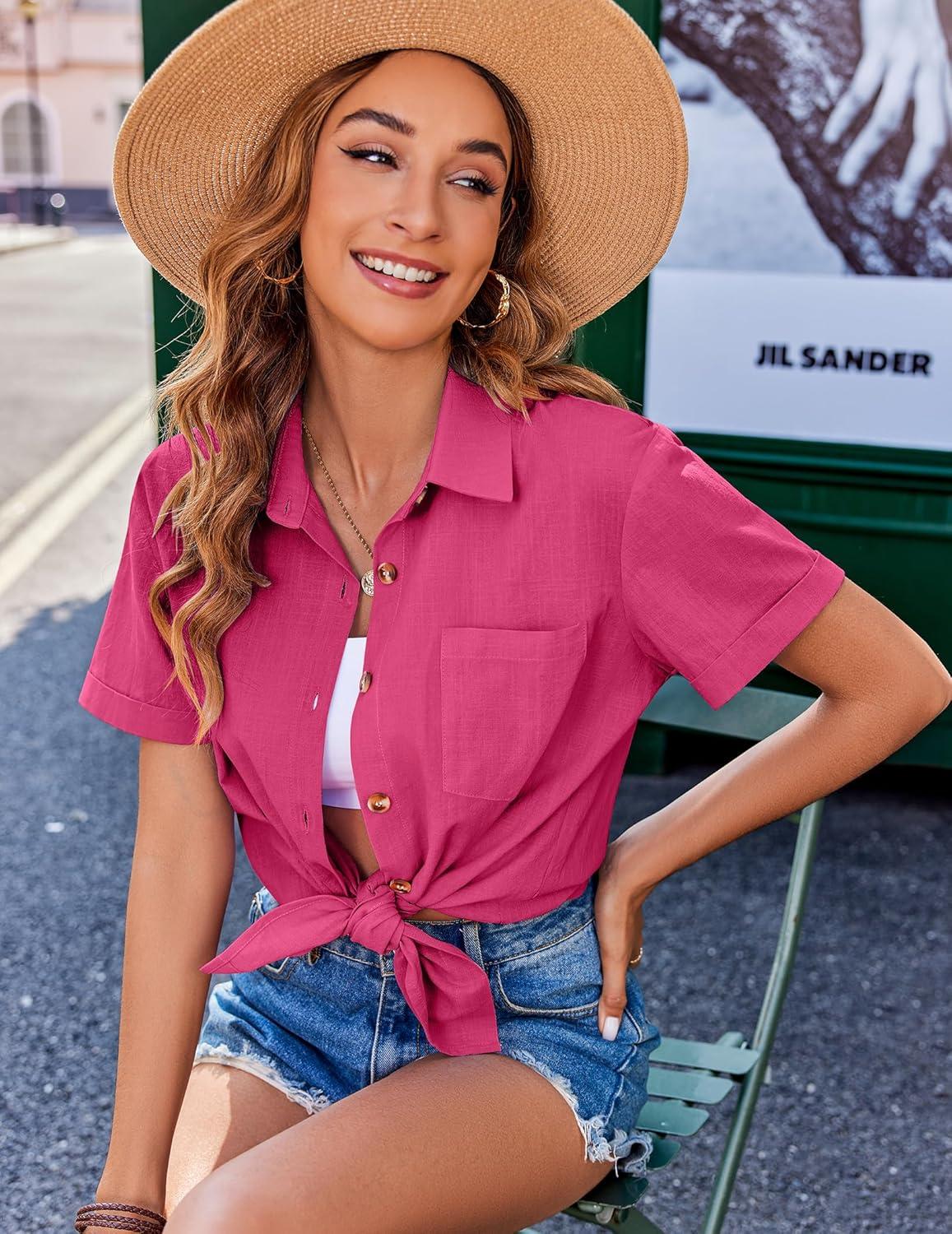 imageZeagoo Womens Button Down Shirts Color Block Short Sleeve Cotton Linen Summer Causal Blouses TopsHot Pink