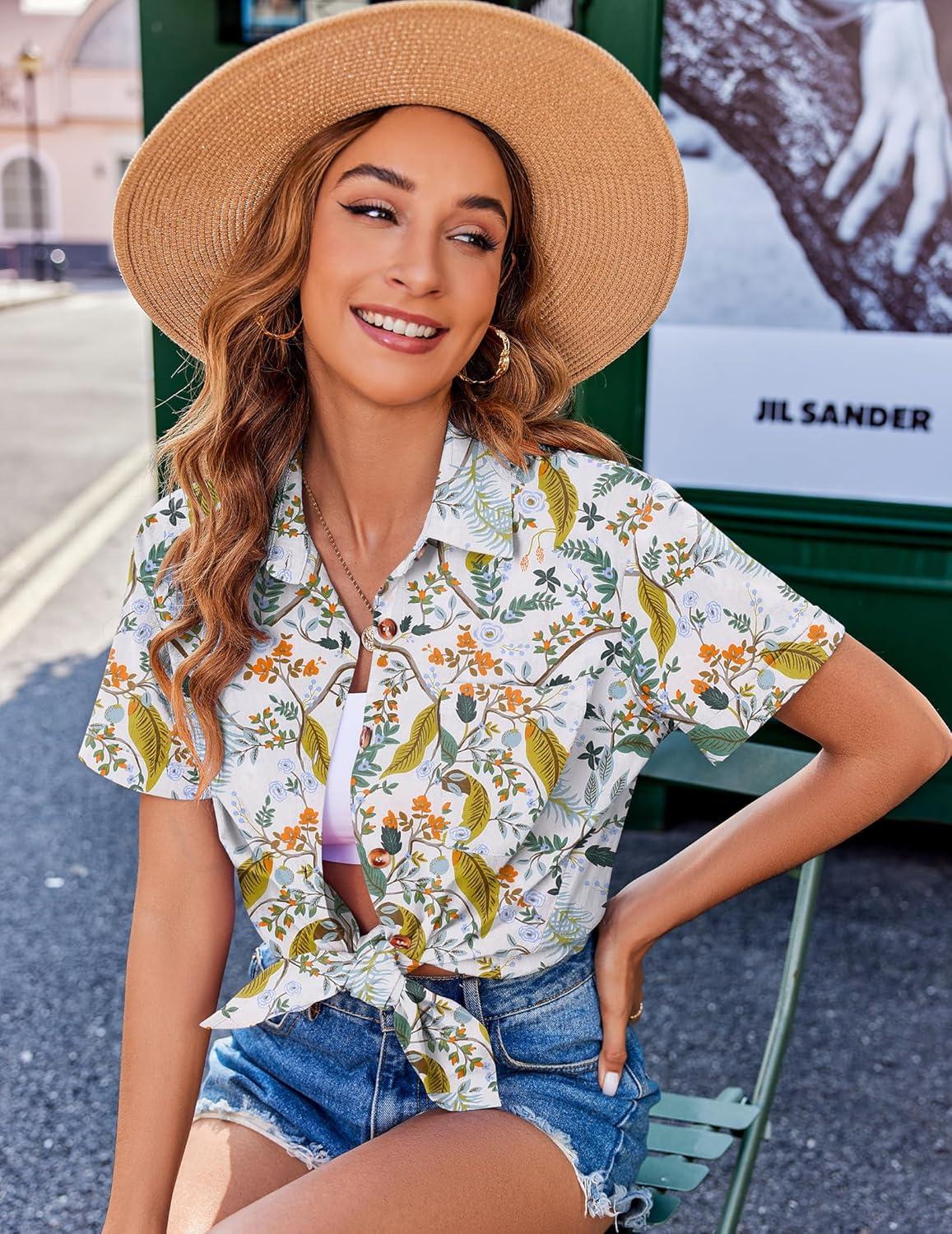 imageZeagoo Womens Button Down Shirts Color Block Short Sleeve Cotton Linen Summer Causal Blouses TopsZw810