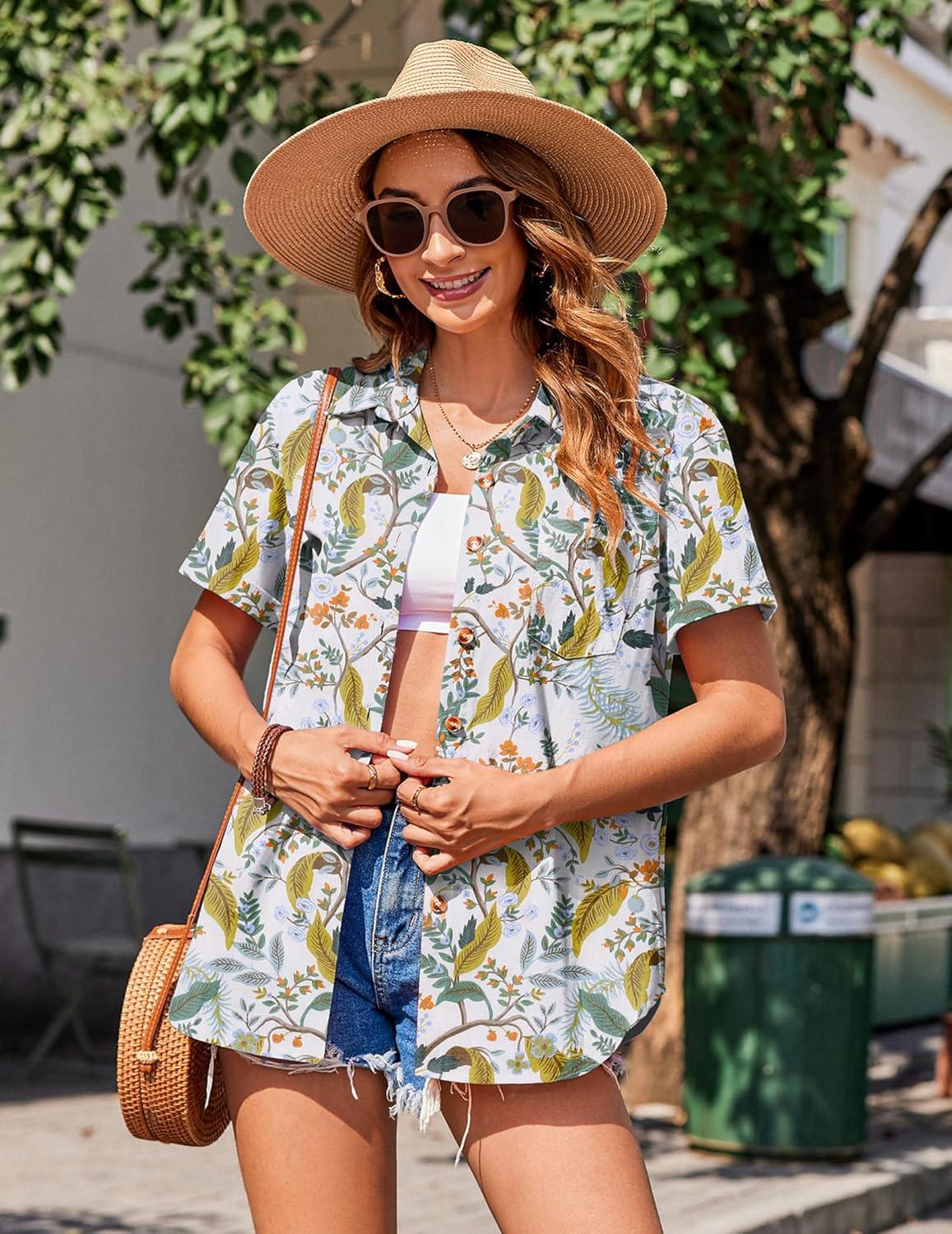 imageZeagoo Womens Button Down Shirts Color Block Short Sleeve Cotton Linen Summer Causal Blouses TopsZw810