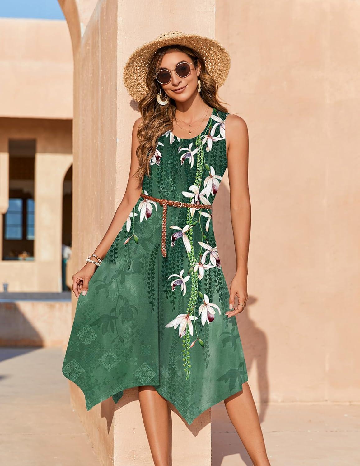 imageZeagoo Womens Casual Dress for Summer Tank Dress Loose Flowy Beach Dress with Pockets Hankerchief Flare Midi Sundress 202602 Green