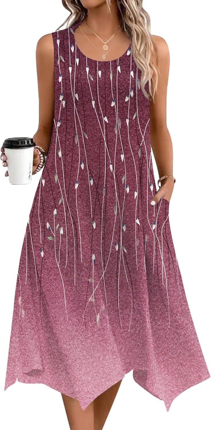 imageZeagoo Womens Casual Dress for Summer Tank Dress Loose Flowy Beach Dress with Pockets Hankerchief Flare Midi Sundress 2026Purple Print