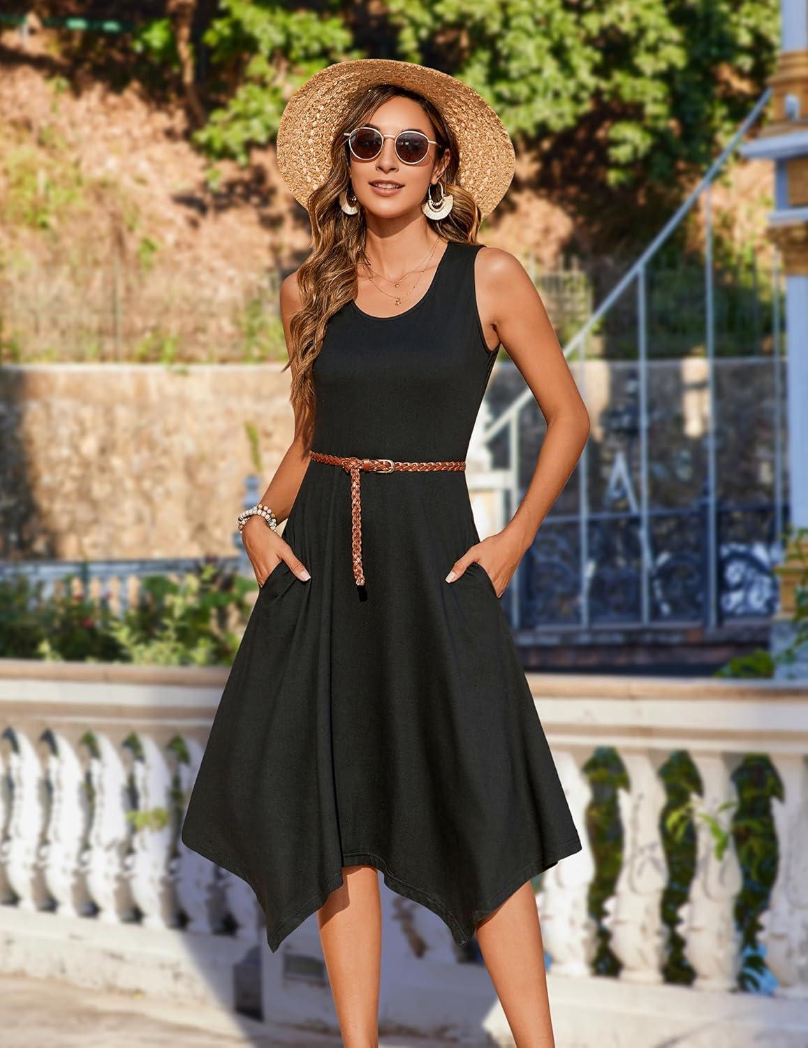 imageZeagoo Womens Casual Dress for Summer Tank Dress Loose Flowy Beach Dress with Pockets Hankerchief Flare Midi Sundress 2026Solid Black