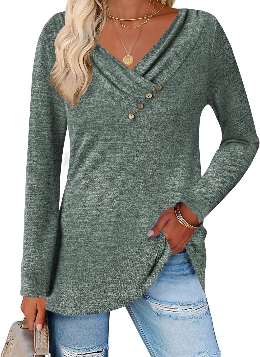 imageZeagoo Womens Casual Tunic Tops Long Sleeve Shirts for Leggings V Neck Button Fall Pullover Blouse Loose SweatshirtsArmy Green