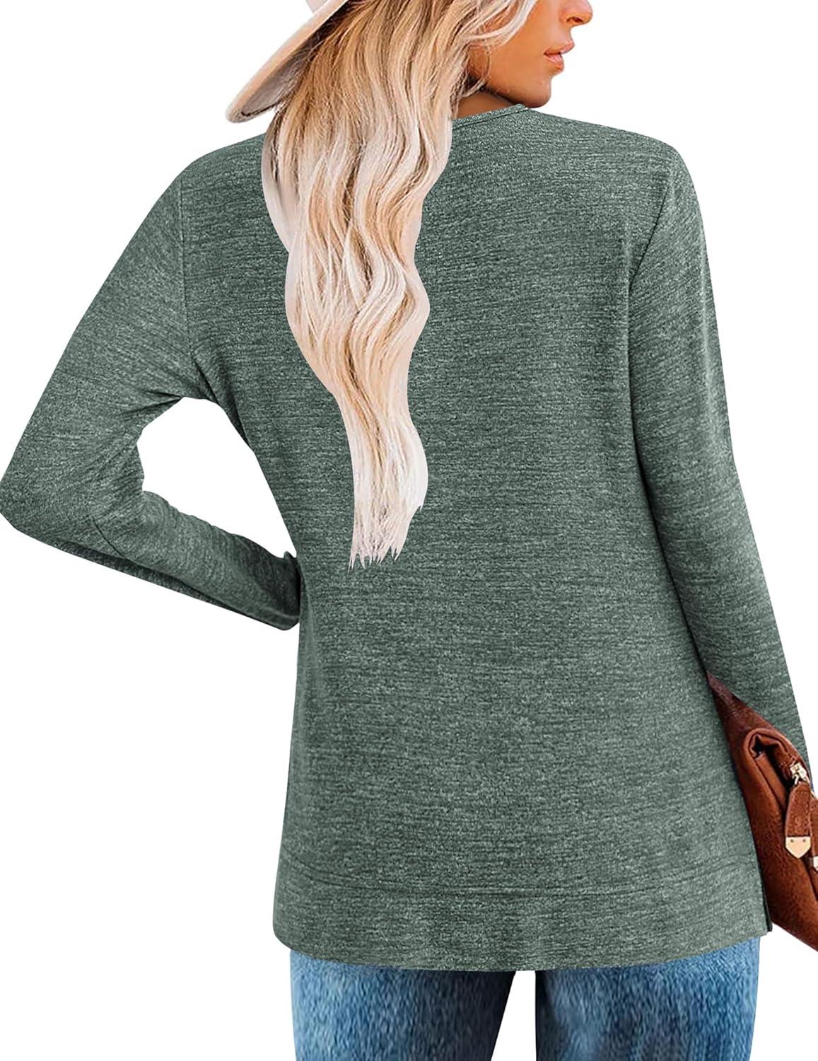 imageZeagoo Womens Casual Tunic Tops Long Sleeve Shirts for Leggings V Neck Button Fall Pullover Blouse Loose SweatshirtsArmy Green
