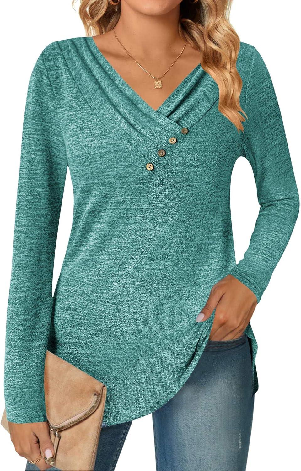 imageZeagoo Womens Casual Tunic Tops Long Sleeve Shirts for Leggings V Neck Button Fall Pullover Blouse Loose SweatshirtsBg