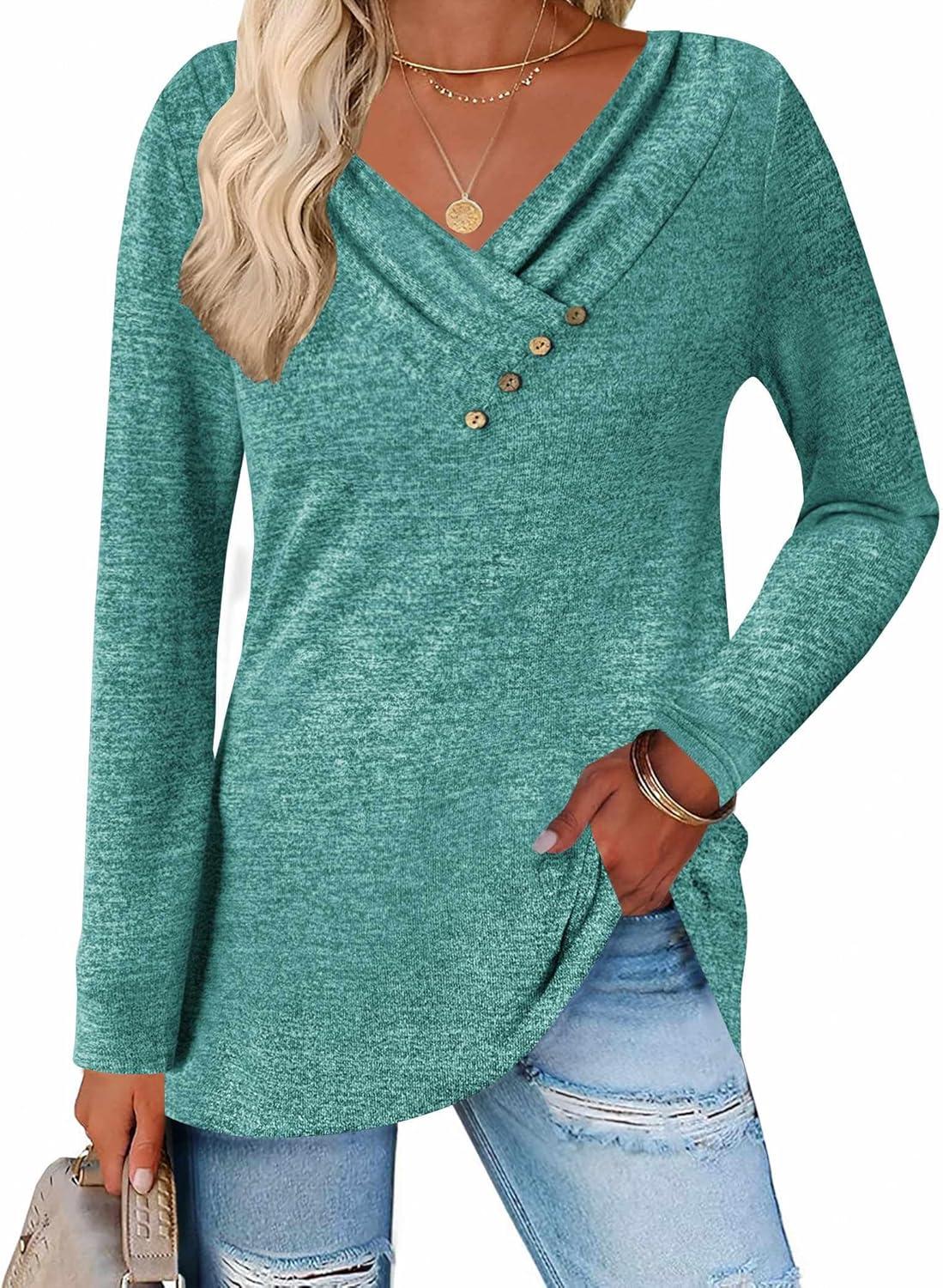 imageZeagoo Womens Casual Tunic Tops Long Sleeve Shirts for Leggings V Neck Button Fall Pullover Blouse Loose SweatshirtsBg