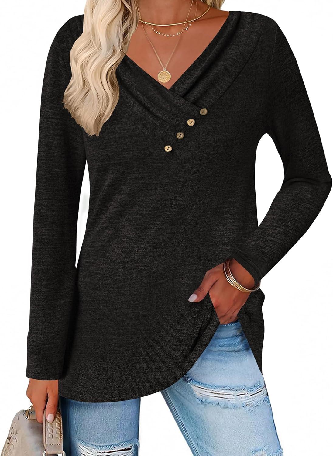 imageZeagoo Womens Casual Tunic Tops Long Sleeve Shirts for Leggings V Neck Button Fall Pullover Blouse Loose SweatshirtsBlack