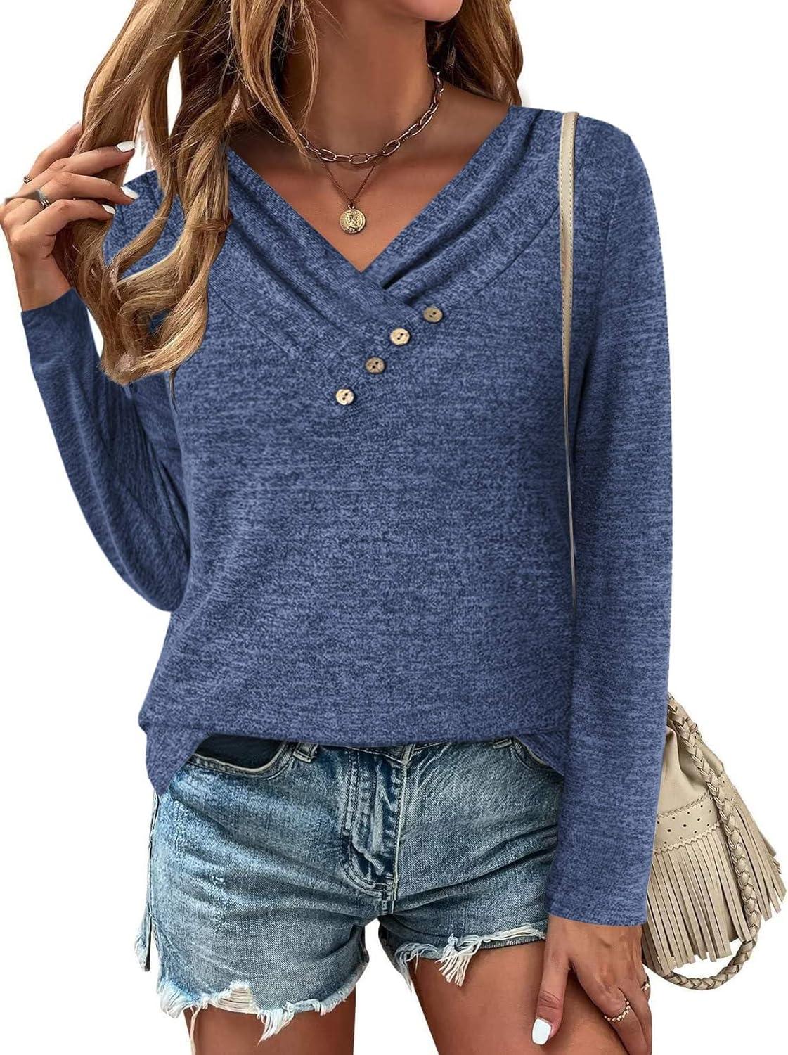 imageZeagoo Womens Casual Tunic Tops Long Sleeve Shirts for Leggings V Neck Button Fall Pullover Blouse Loose SweatshirtsBlv