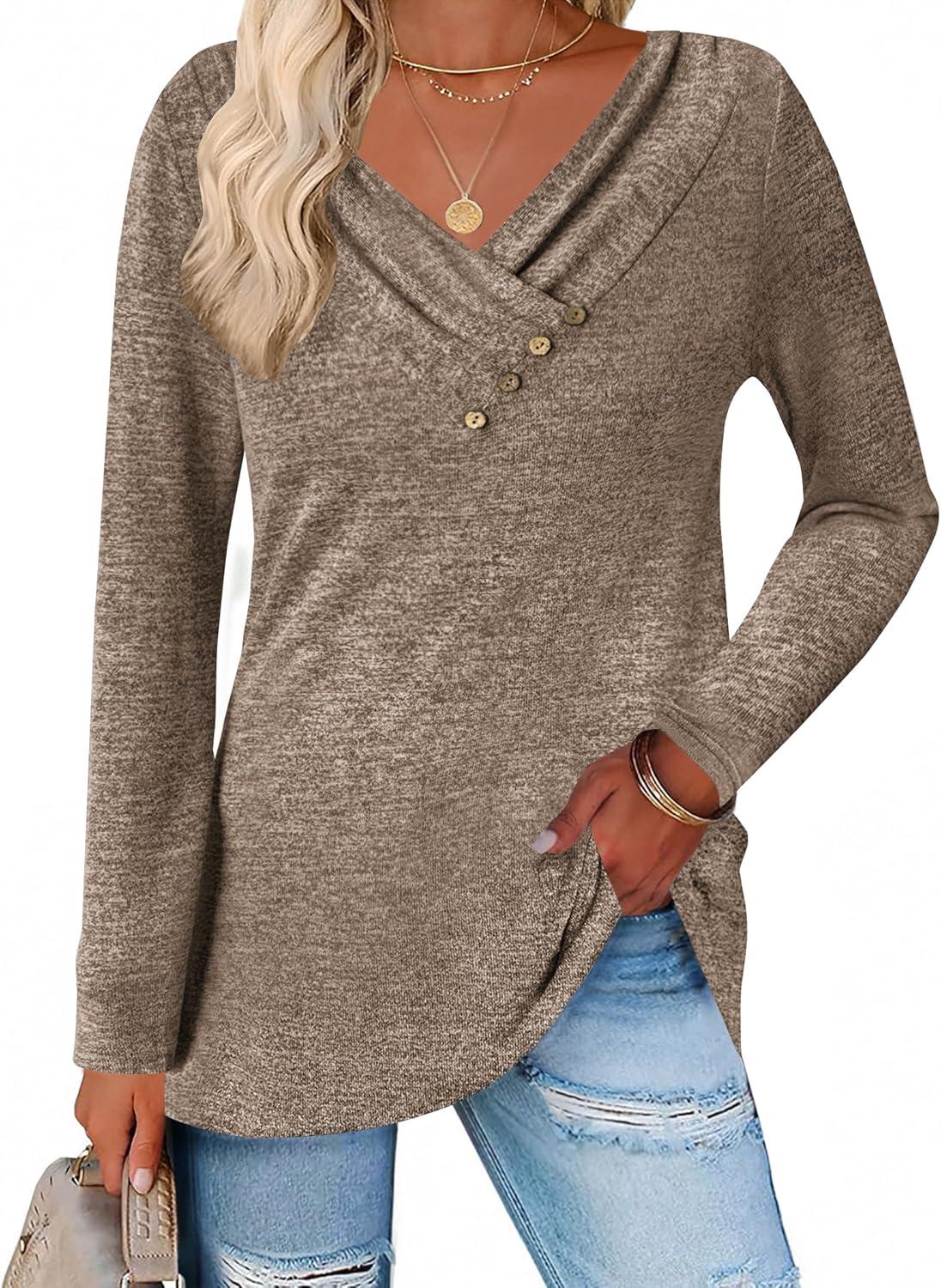 imageZeagoo Womens Casual Tunic Tops Long Sleeve Shirts for Leggings V Neck Button Fall Pullover Blouse Loose SweatshirtsCoffee02