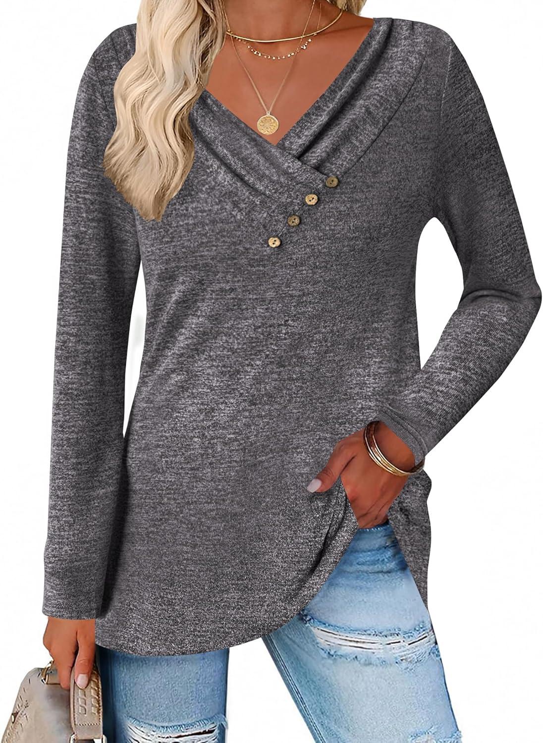 imageZeagoo Womens Casual Tunic Tops Long Sleeve Shirts for Leggings V Neck Button Fall Pullover Blouse Loose SweatshirtsDark Gray