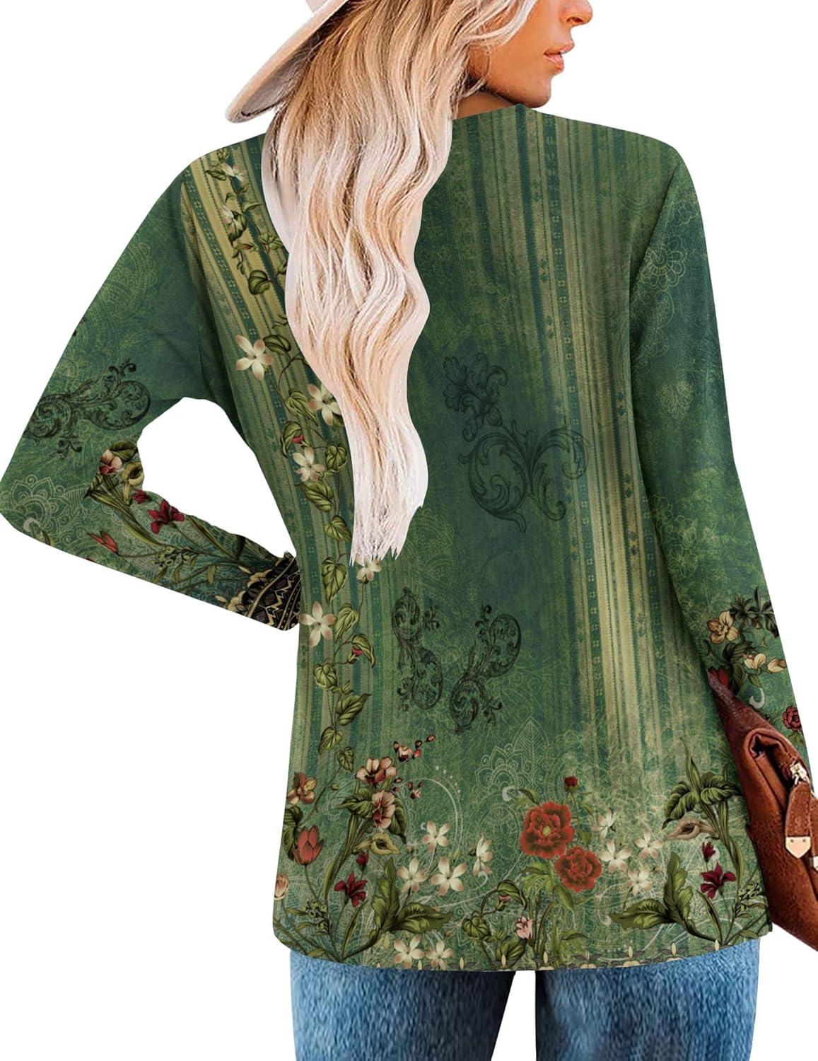 imageZeagoo Womens Casual Tunic Tops Long Sleeve Shirts for Leggings V Neck Button Fall Pullover Blouse Loose SweatshirtsGreenfloral Printed