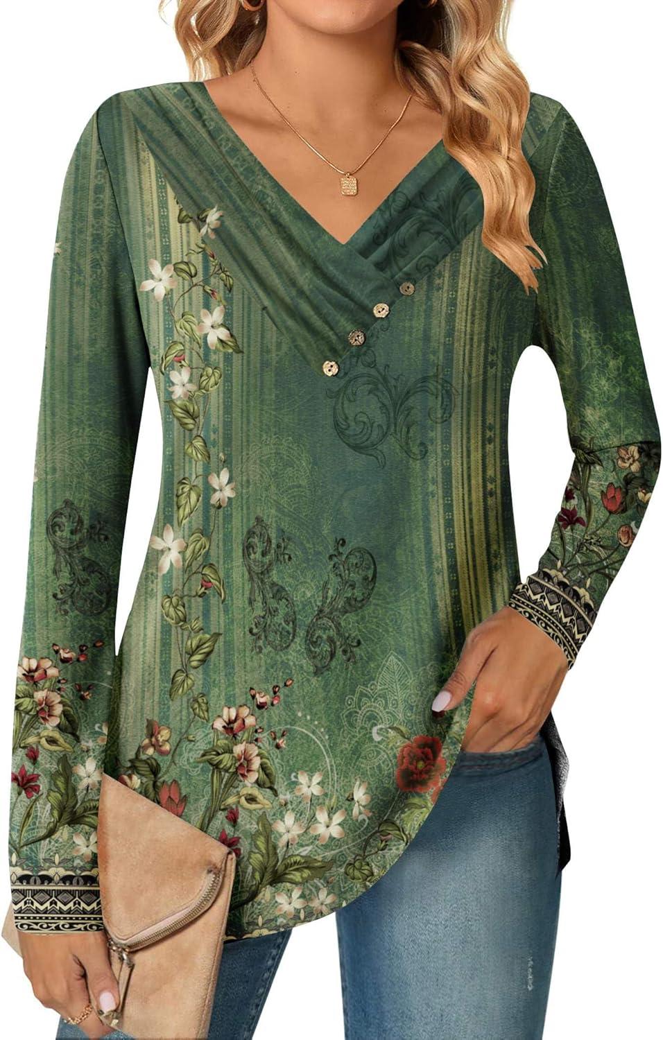 imageZeagoo Womens Casual Tunic Tops Long Sleeve Shirts for Leggings V Neck Button Fall Pullover Blouse Loose SweatshirtsGreenfloral Printed