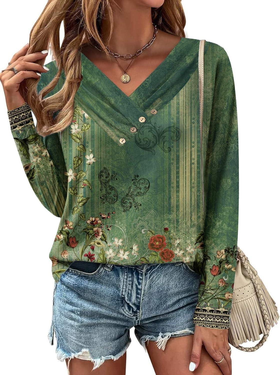 imageZeagoo Womens Casual Tunic Tops Long Sleeve Shirts for Leggings V Neck Button Fall Pullover Blouse Loose SweatshirtsGreenfloral Printed