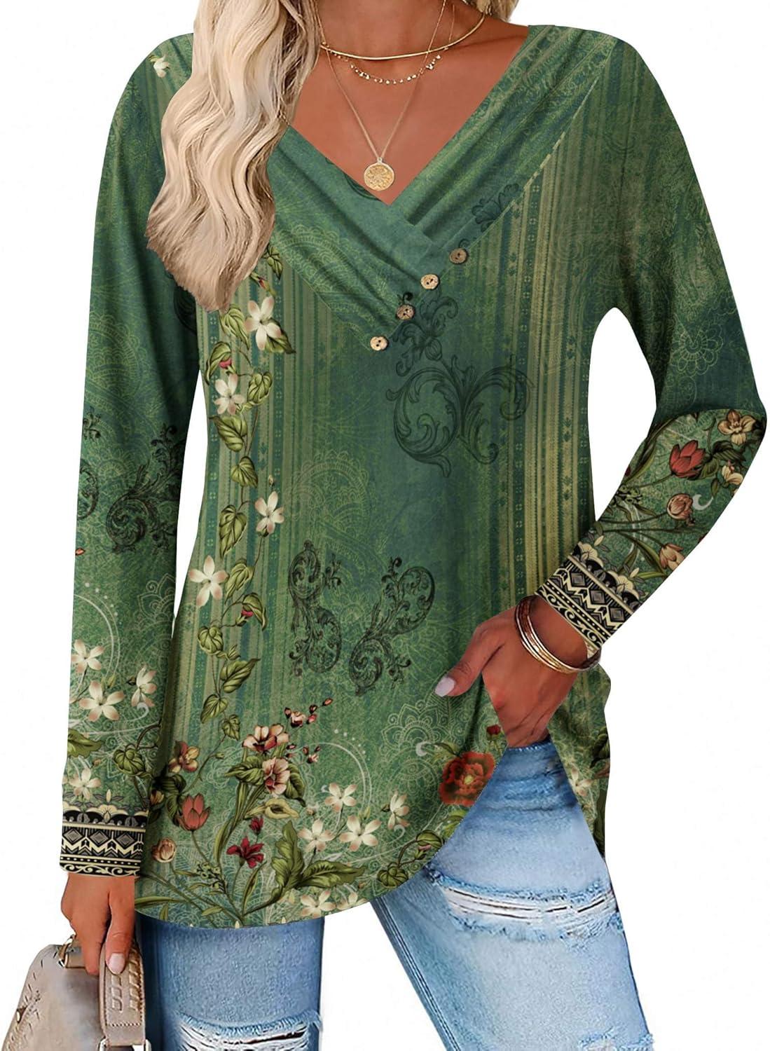 imageZeagoo Womens Casual Tunic Tops Long Sleeve Shirts for Leggings V Neck Button Fall Pullover Blouse Loose SweatshirtsGreenfloral Printed