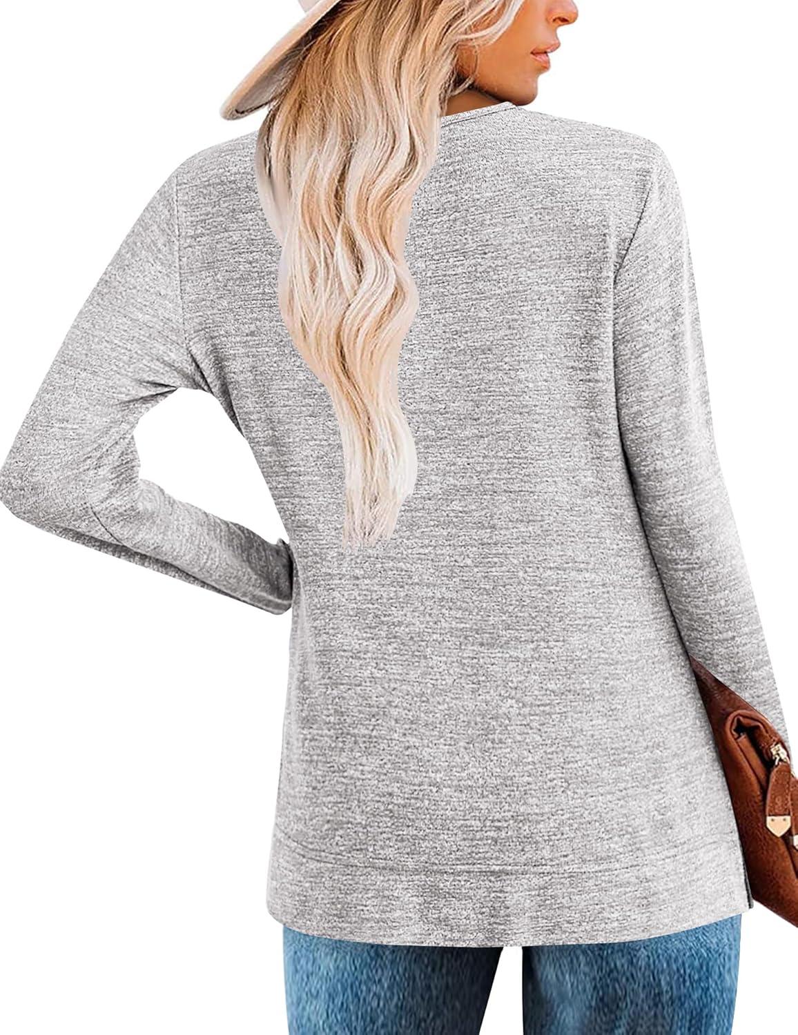 imageZeagoo Womens Casual Tunic Tops Long Sleeve Shirts for Leggings V Neck Button Fall Pullover Blouse Loose SweatshirtsGrey