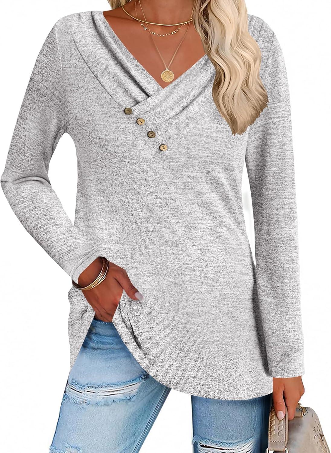 imageZeagoo Womens Casual Tunic Tops Long Sleeve Shirts for Leggings V Neck Button Fall Pullover Blouse Loose SweatshirtsGrey