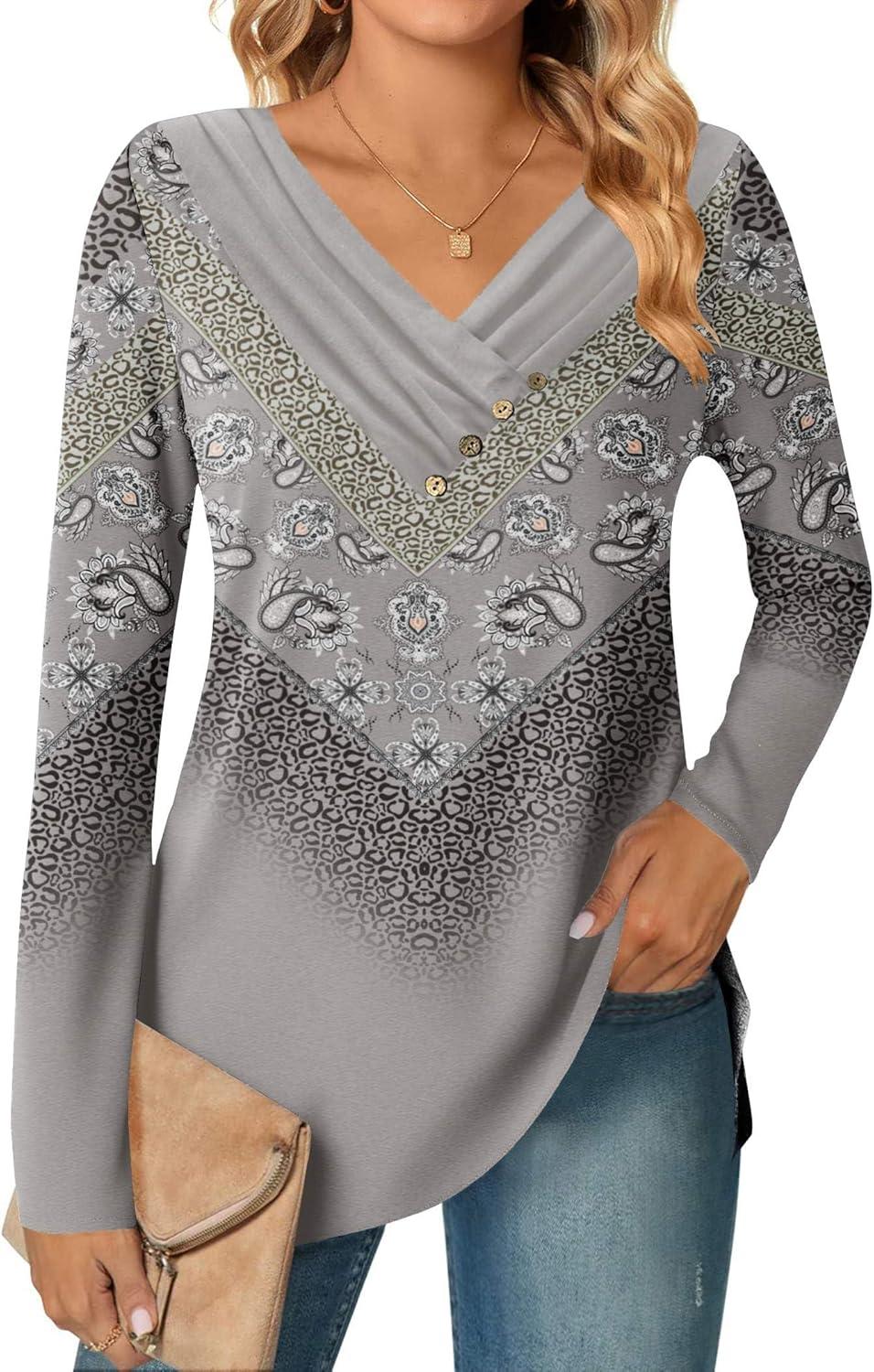 imageZeagoo Womens Casual Tunic Tops Long Sleeve Shirts for Leggings V Neck Button Fall Pullover Blouse Loose SweatshirtsGreyprinted