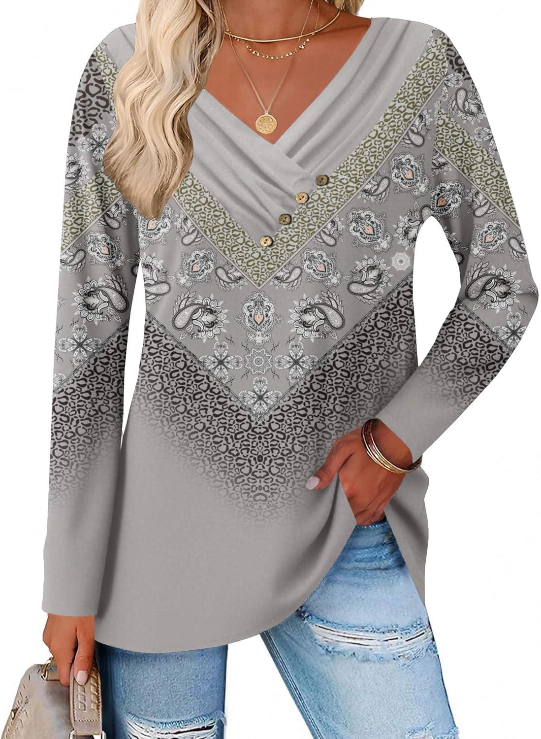 imageZeagoo Womens Casual Tunic Tops Long Sleeve Shirts for Leggings V Neck Button Fall Pullover Blouse Loose SweatshirtsGreyprinted