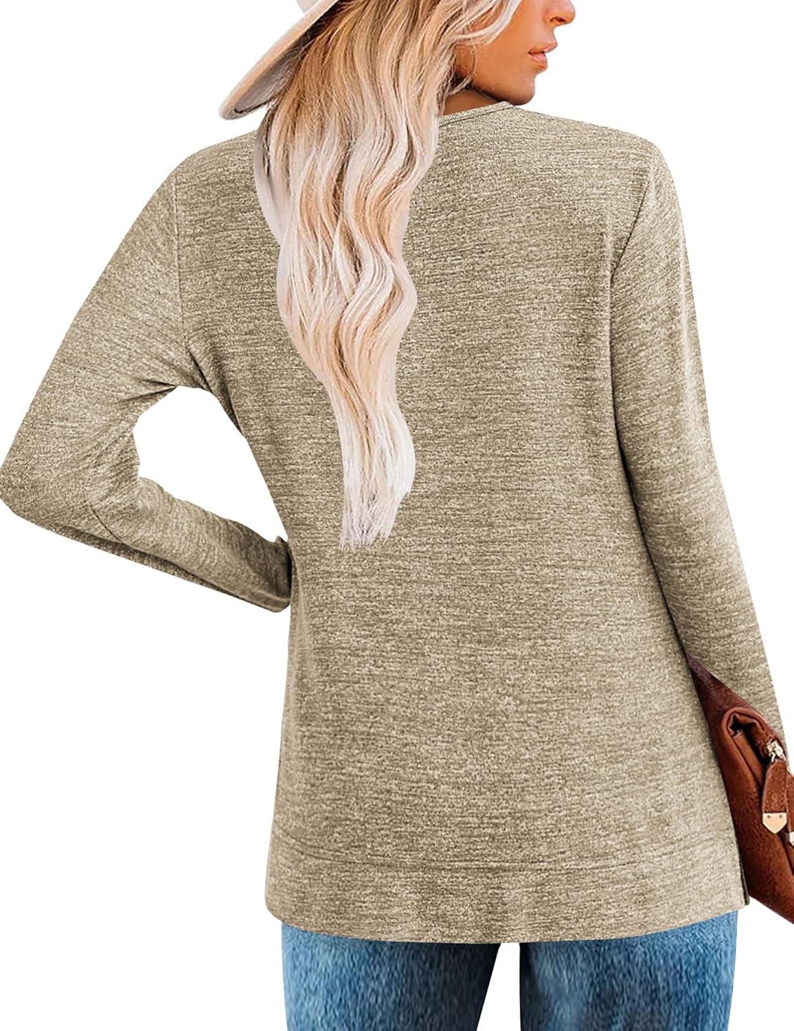 imageZeagoo Womens Casual Tunic Tops Long Sleeve Shirts for Leggings V Neck Button Fall Pullover Blouse Loose SweatshirtsKhaki