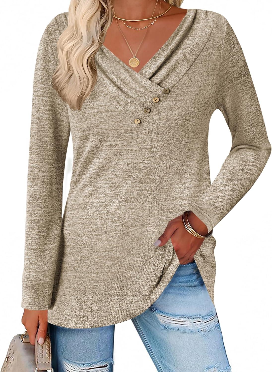 imageZeagoo Womens Casual Tunic Tops Long Sleeve Shirts for Leggings V Neck Button Fall Pullover Blouse Loose SweatshirtsKhaki