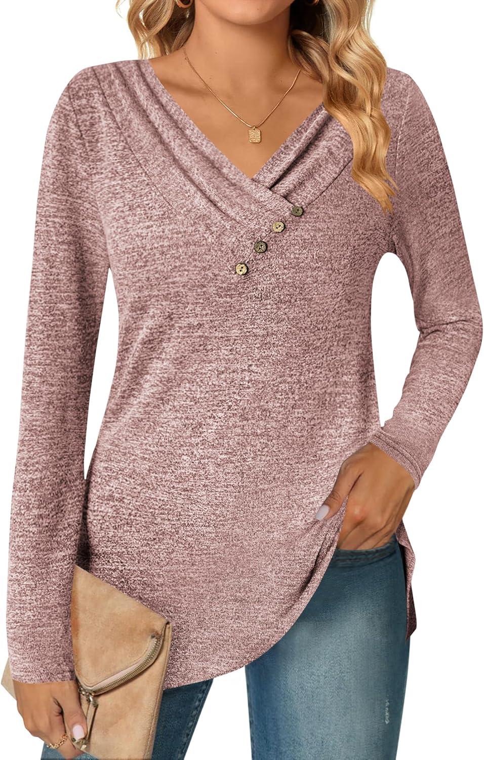 imageZeagoo Womens Casual Tunic Tops Long Sleeve Shirts for Leggings V Neck Button Fall Pullover Blouse Loose SweatshirtsLight Purple