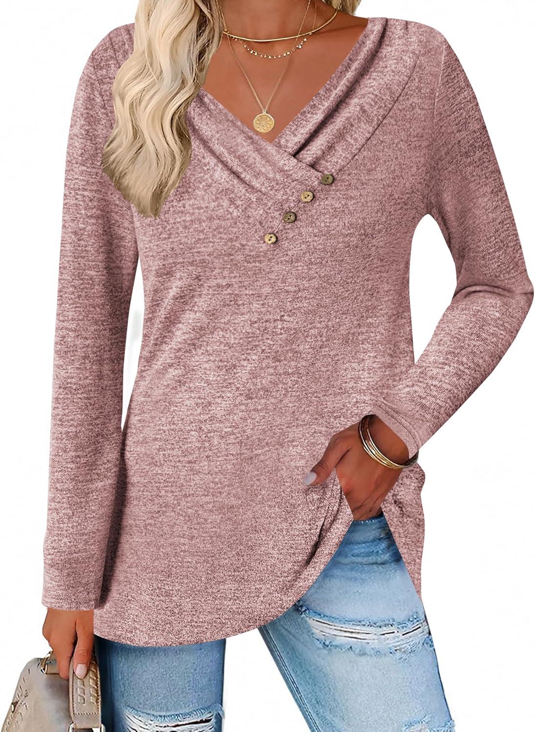 imageZeagoo Womens Casual Tunic Tops Long Sleeve Shirts for Leggings V Neck Button Fall Pullover Blouse Loose SweatshirtsLight Purple