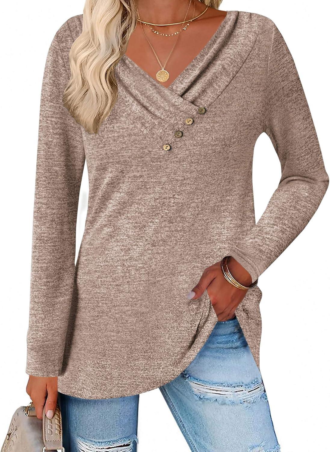 imageZeagoo Womens Casual Tunic Tops Long Sleeve Shirts for Leggings V Neck Button Fall Pullover Blouse Loose SweatshirtsLt