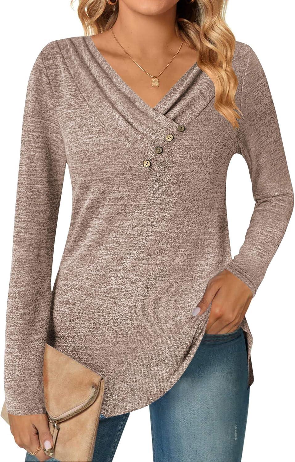 imageZeagoo Womens Casual Tunic Tops Long Sleeve Shirts for Leggings V Neck Button Fall Pullover Blouse Loose SweatshirtsLt