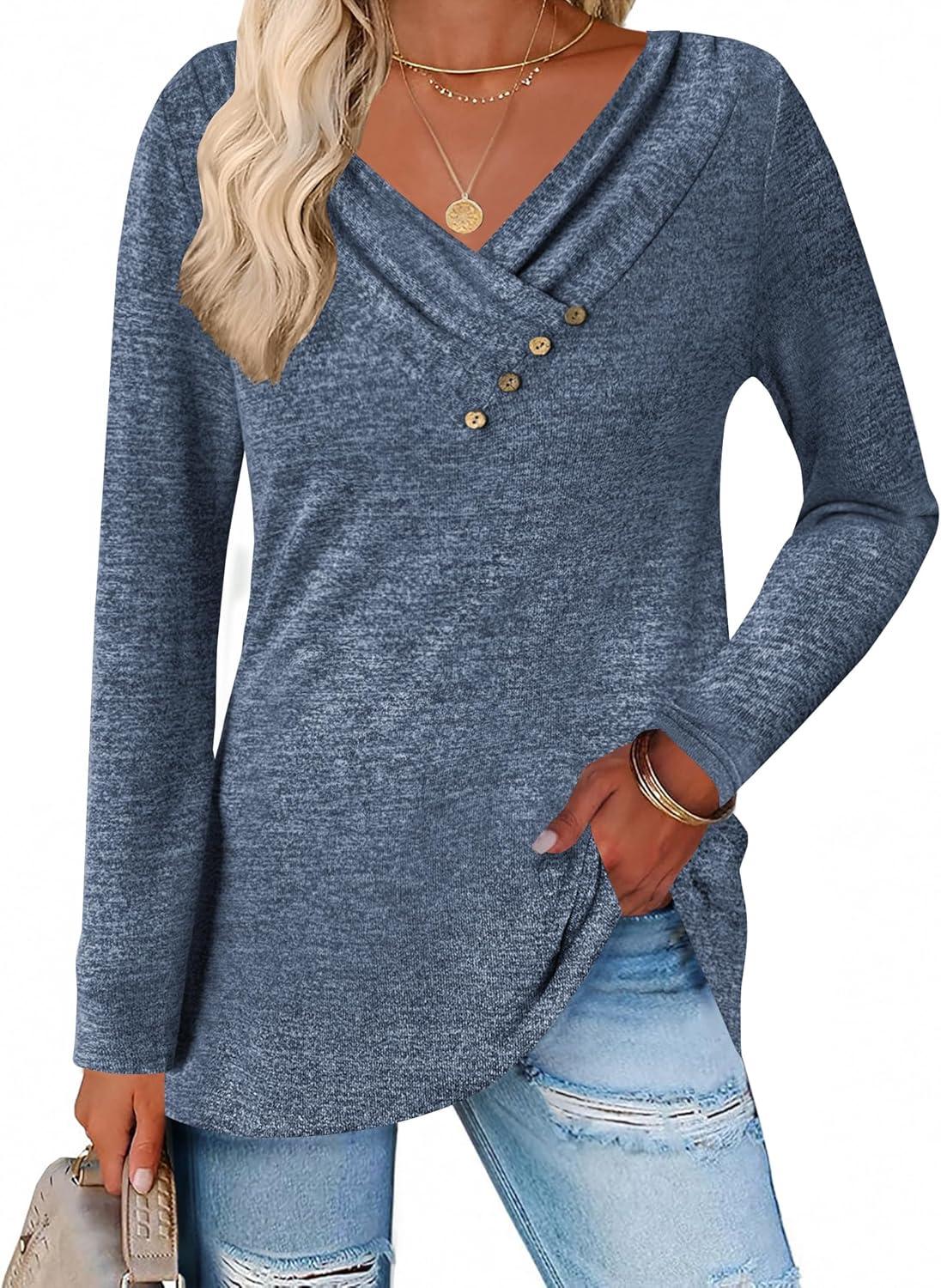 imageZeagoo Womens Casual Tunic Tops Long Sleeve Shirts for Leggings V Neck Button Fall Pullover Blouse Loose SweatshirtsNavy