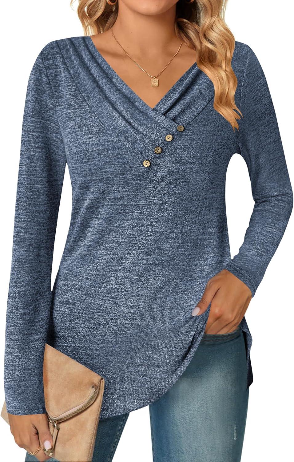 imageZeagoo Womens Casual Tunic Tops Long Sleeve Shirts for Leggings V Neck Button Fall Pullover Blouse Loose SweatshirtsNavy